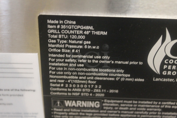 BRAND NEW SCRATCH AND DENT! Cooking Performance Group CPG 351GTCPG48NL Stainless Steel Commercial Countertop Natural Gas Powered Flat Top Griddle. 120,000 BTU. - Image 5 of 5