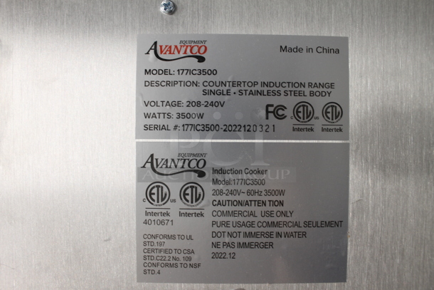 BRAND NEW SCRATCH AND DENT! Avantco 1771C3500 Commercial Stainless Steel Electric Countertop Single Induction Range. 208-240V. Tested And Working!  - Image 6 of 7