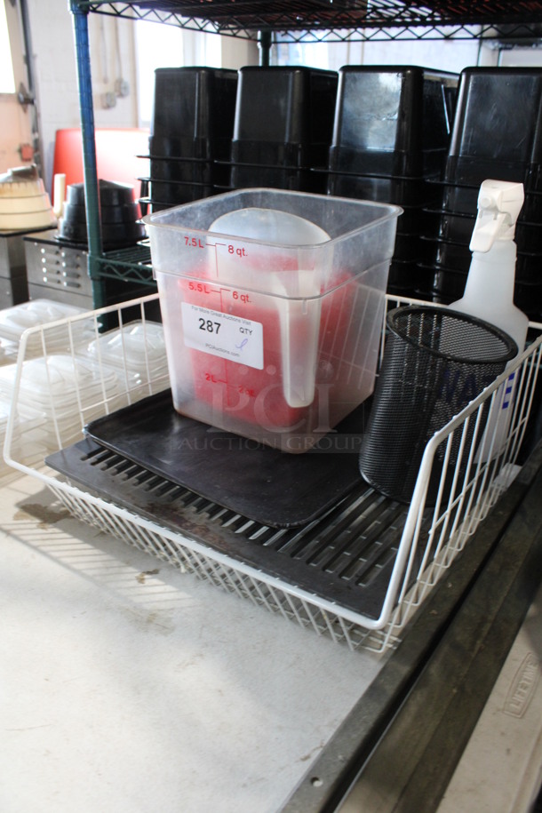 ALL ONE MONEY! Lot of Various Items Including Clear Poly 8 Quart Bin, Black Mesh Pencil Holder, Red Bin, Spray Bottle in White Wire Basket! - Image 4 of 5