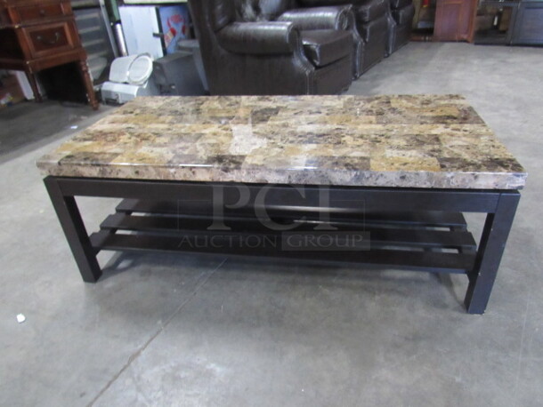 One Wooden Coffee Table With Under Shelf And Granite Look Top. 47.5X23.5X17
