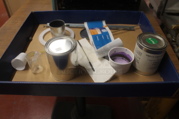 Wood Pattern Table on 2 Metal Table Bases w/ Contents.  - Image 4 of 4