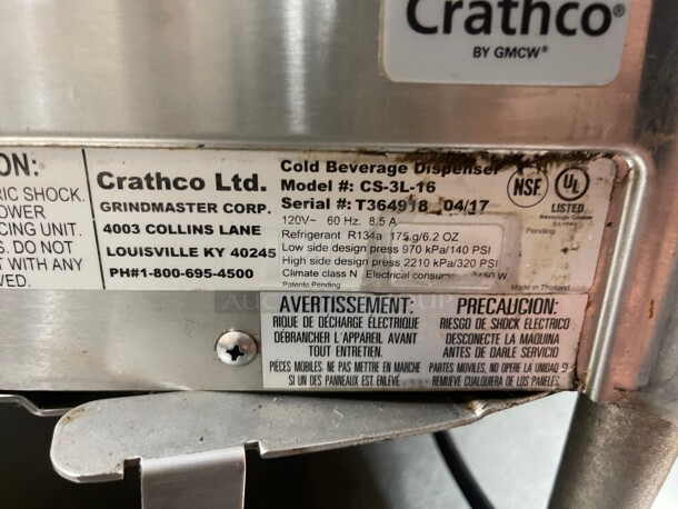 Working! Crathco CS-3L-16 Refrigerated Commercial Drink Dispenser w/ (3) 4 3/4 gal Bowls, Pre Mix, 120v - Image 9 of 10
