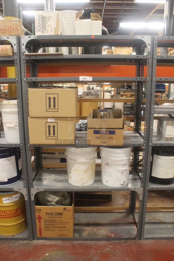 Gray Metal 6 Tier Shelving Unit w/ Contents Including Tiles and Metal Tins. BUYER MUST REMOVE. - Image 1 of 7