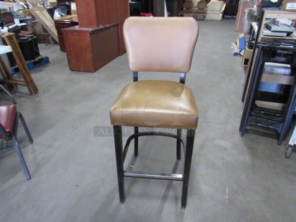 Wooden Bar Height Chair With Gold Cushioned Seat And Back, With Footrest. 2XBID.