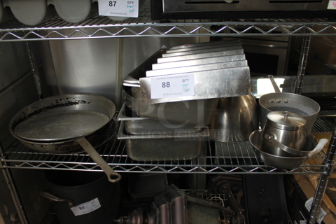 ALL ONE MONEY! Tier Lot of Various Items Including Metal Skillets, Stainless Steel Drop In Bins and Sauce Pan