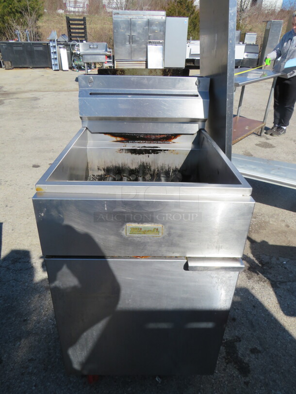 One Migali Stainless Steel Natural Gas Deep Fryer. 19.5X31X46