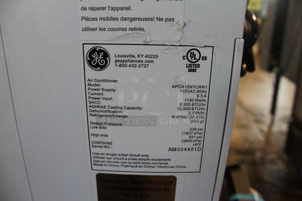 BRAND NEW SCRATCH AND DENT! General Electric GE APCA10NYLWN1 10,000 BTU Portable Air Conditioner. 115 Volts, 1 Phase. Tested and Working! - Image 4 of 4