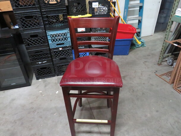 Wooden Bar Height Chair With A Cushioned Seat, And Footrest. 