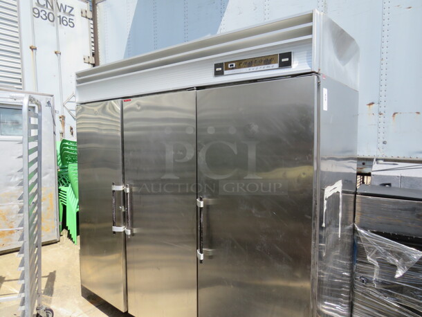 One Stainless Steel 3 Door Raetone Supreme Freezer With 5 Racks. WORKING WHEN REMOVED! Model# SF-72-S. 115 Volt.  81X36X80.5