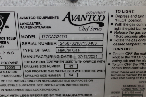 2021 Avantco 177CAG24TG Stainless Steel Commercial Countertop Natural Gas Powered Flat Top Griddle. 35,000 BTU. - Image 8 of 8