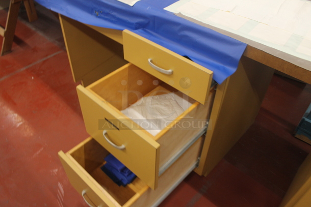 Yellow 3 Drawer Desk w/ Contents including White Poly Box Fan. - Image 4 of 5