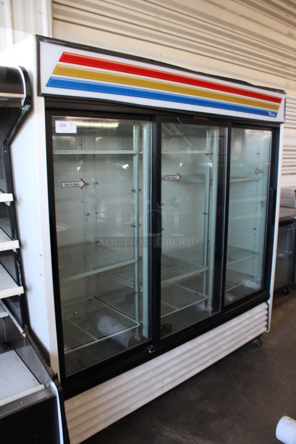 True Model GDM-69 Metal Commercial 3 Door Reach In Cooler Merchandiser w/ Poly Coated Racks on Commercial Casters. 78x29x82. Cannot Test - Unit Needs New Plug Head