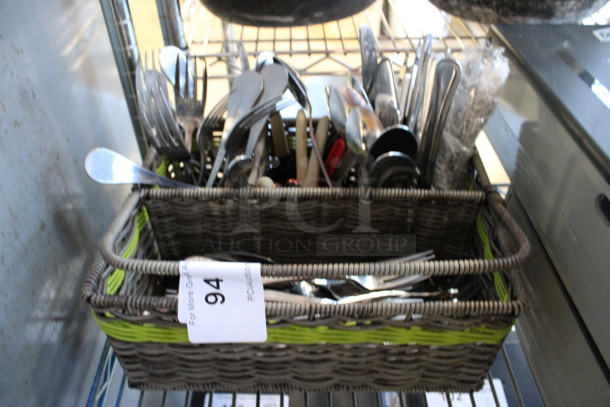 ALL ONE MONEY! Lot of Various Silverware Including Forks and Knives in Basket! 20x9x9.5