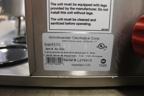 BRAND NEW SCRATCH AND DENT! 2020 Grindmaster-Cecilware B-3WL Commercial Stainless Steel Electric Countertop Precision Coffee Brewer With 3 Warmers. 120/208-240V, 1 Phase.   - Image 8 of 10