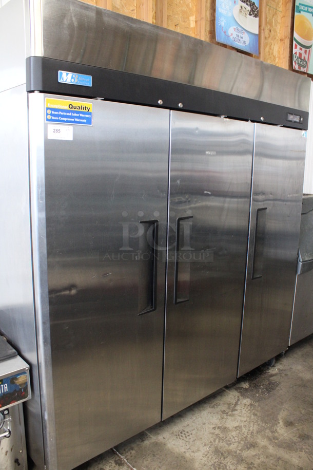 Turbo Air Model M3F72-3 ENERGY STAR Stainless Steel Commercial 3 Door Reach In Cooler w/ Poly Coated Racks on Commercial Casters. 115 Volts, 1 Phase. 78x31x83. Cannot Test Due To Plug Style