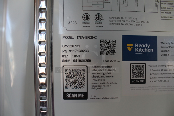 BRAND NEW SCRATCH AND DENT! 2022 Avantco 178A49RGHC Stainless Steel Commercial 2 Door Reach In Cooler Merchandiser w/ Poly Coated Racks. 115 Volts, 1 Phase. Tested and Working! - Image 3 of 5