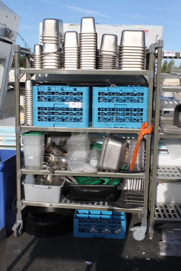 Metal 4 Tier Shelving Unit w/ Contents Including Stainless Steel Drop In Bins and Dish Caddies on Commercial Casters.