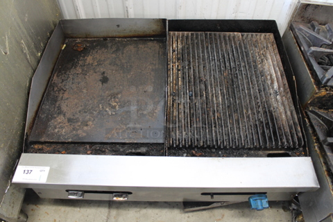 Castle Stainless Steel Commercial Natural Gas Powered Countertop Flat Top Griddle w/ Right Side Charbroiler.