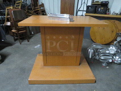 One Wood Look Display Merchandising Table With 7 Holders, On Casters. 50X36X45.5