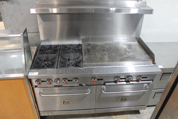Cooking Performance Group CPG 351S60G36N Stainless Steel Commercial Natural Gas Powered 4 Burner Range w/ Flat Top Griddle, 2 Ovens, Over Shelf and Back Splash. 240,000 BTU. 