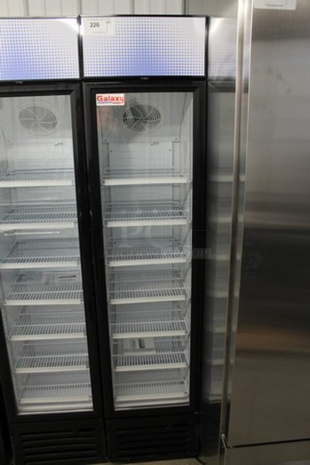 BRAND NEW SCRATCH AND DENT! Galaxy 177GDN5RBB Metal Commercial 16 1/2" Black Swing Glass Door Merchandiser Refrigerator with Red, White, and Blue LED Lighting. 115 Volts, 1 Phase. Tested and Working! - Image 2 of 5