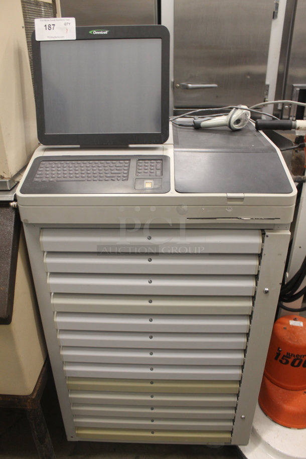 Omnicell Medication Dispensing Cabinet With Scanner, Built-in Monitor And Keyboard On Commercial Casters. 100-240V. 