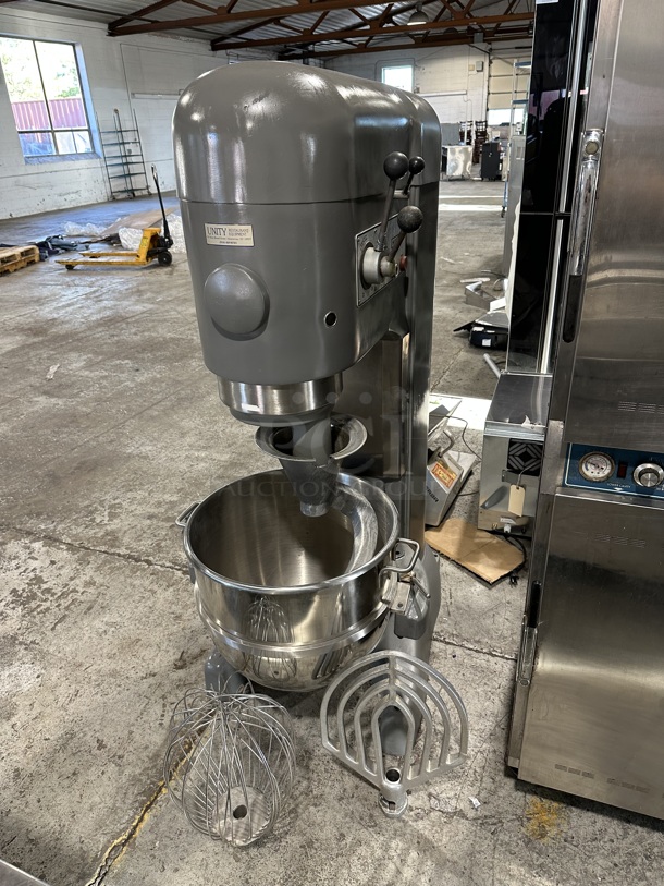 Hobart M 802 Metal Commercial Floor Style 80 Quart Planetary Dough Mixer w. Stainless Steel Mixing Bowl, Dough Hook, Paddle and Whisk Attachment. 200 Volts, 3 Phase.  - Image 1 of 9