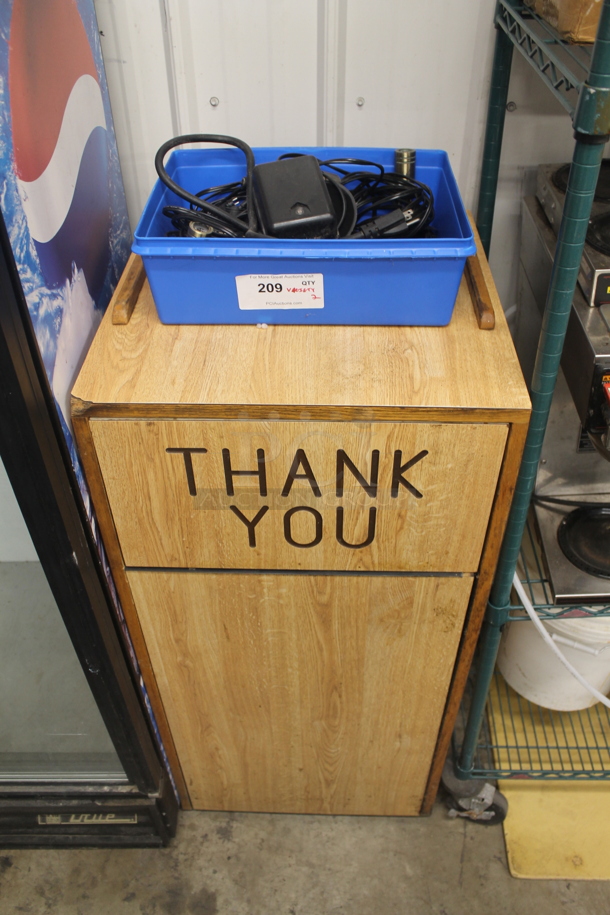 ALL ONE MONEY! Lot of Wooden Waste Receptacle With Engraved Thank You And Blue Container of Miscellaneous Cords.  