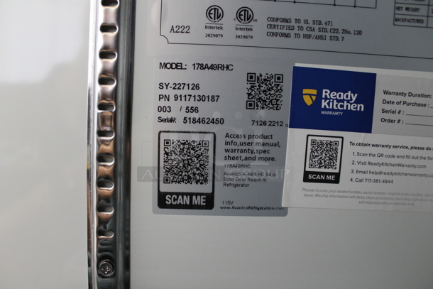 BRAND NEW SCRATCH AND DENT! 2022 Avantco 178A49RHC Stainless Steel Commercial 2 Door Reach In Cooler w/ Poly Coated Racks on Commercial Casters. 115 Volts, 1 Phase. Tested and Does Not Power On - Image 4 of 6