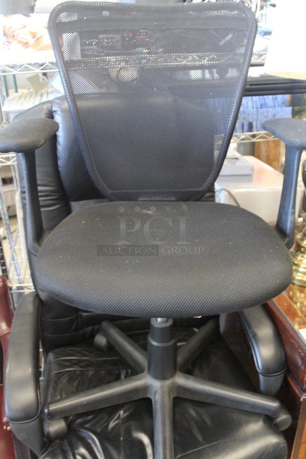3 Various Chairs, 2 Black Office Chairs 
 on Casters and Maroon Chair on Wooden Frame. 3 Times Your Bid! - Image 3 of 4