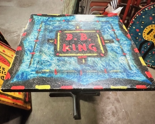 One 30X30X30 Painted  Table Top On A Pedestal Base. BB KING!. - Image 1 of 2