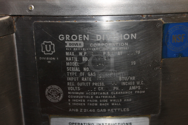 Groen AT/1-40 Stainless Steel Commercial Floor Style Propane Gas Powered 40 Gallon Steam Kettle. 85,000 BTU. - Image 6 of 7