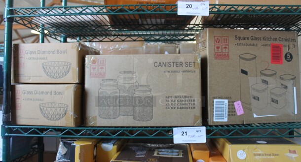 ALL ONE MONEY! Tier Lot of Various BRAND NEW SCRATCH AND DENT! Items Including Canister Set, Square Glass Kitchen Canisters and 2 Boxes of Glass Diamond Bowls - Image 1 of 6