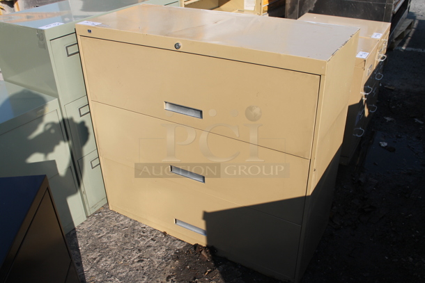 Tan Metal 3 Drawer Filing Cabinet. - Image 3 of 3