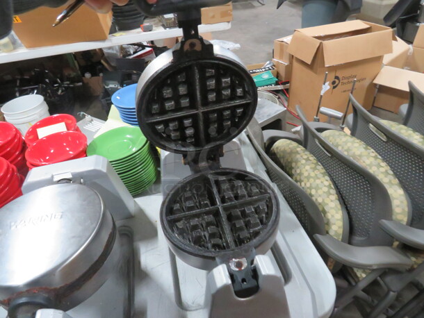 One Waring Commercial Dual Belgian Waffle Maker. #WW250X. 120 Volt. 2400 Watt. 21X17X9.5. $915.00. - Image 3 of 4