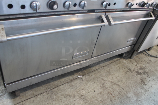 Imperial Stainless Steel Commercial Natural Gas Powered 10 Burner Range w/ 2 Ovens, Over Shelf and Back Splash on Commercial Casters. - Image 6 of 12