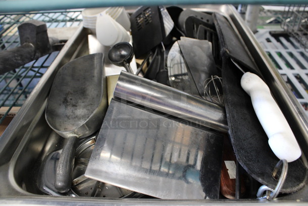 ALL ONE MONEY! Lot of Various Utensils Including Scraper, Dough Divider and Poly Spatulas in Stainless Steel Full Size Drop In Bin! - Image 4 of 6
