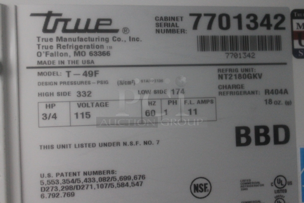 2013 True T-49F ENERGY STAR Stainless Steel Commercial 2 Door Reach In Freezer w/ Poly Coated Racks on Commercial Casters. 115 Volts, 1 Phase. Tested and Working! - Image 5 of 5