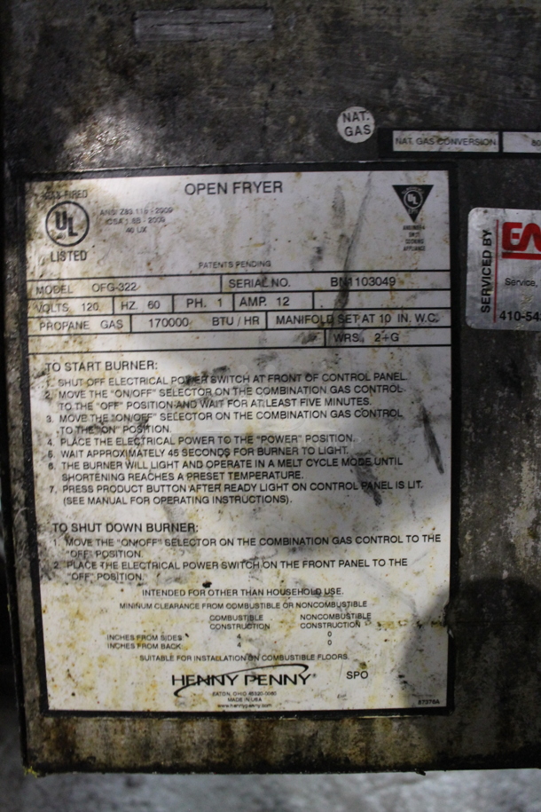 Henny Penny OFG 322 Stainless Steel Commercial Floor Style Propane Gas Powered 2 Bay Deep Fat Fryer w/ 4 Metal Fry Baskets. 170,000 BTU. - Image 5 of 8