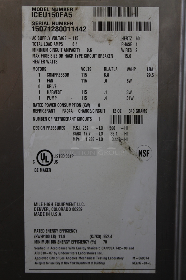 2015 Ice-O-Matic ICEU150FA5 Stainless Steel Commercial Floor Style Undercounter Self Contained Ice Machine. 115 Volts, 1 Phase. - Image 4 of 4