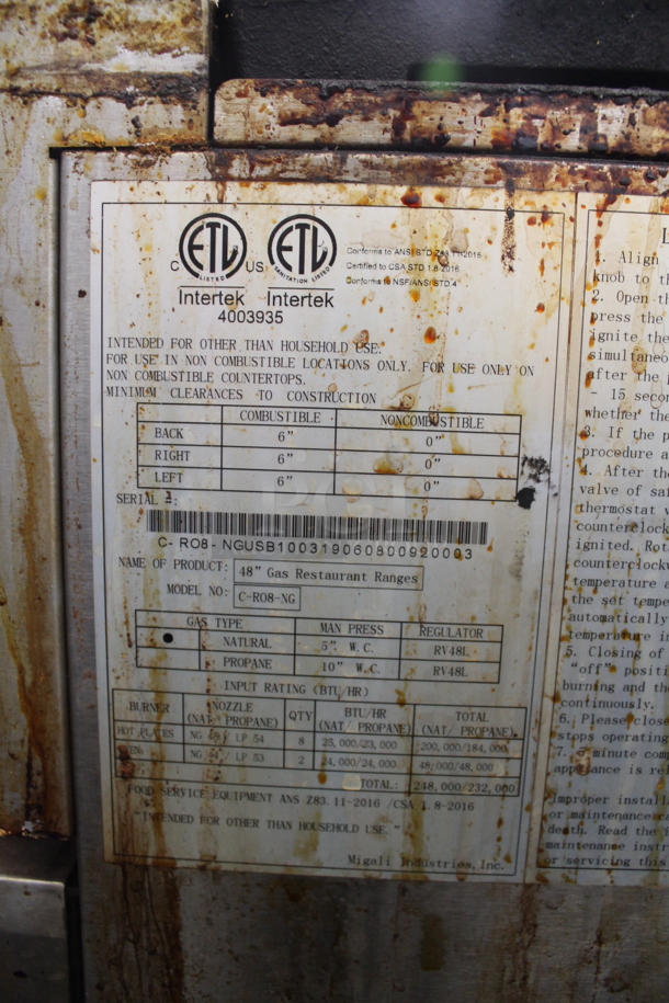 Migali C-RO8-NG Stainless Steel Commercial Natural Gas Powered 8 Burner Range w/ 2 Ovens, Over Shelf and Back Splash on Commercial Casters. - Image 12 of 12