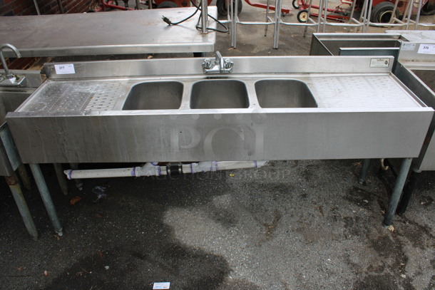 Krowne Stainless Steel Commercial 3 Bay Sink w/ Dual Drainboards, Faucet and Handles. 72x17.5x32.5. Bays 140x14x9. Drainboards 18x16x2
