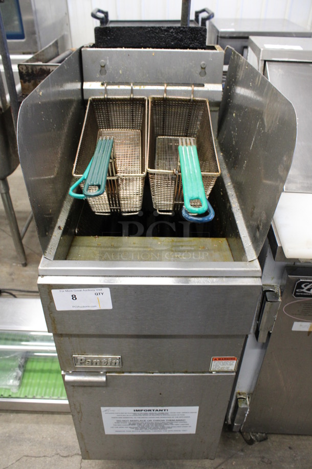 2014 Pantin Model PF50N Stainless Steel Commercial Floor Style Natural Gas Powered Deep Fat Fryer w/ 2 Metal Fry Baskets and 2 Side Splash Guards. 15.5x30x45