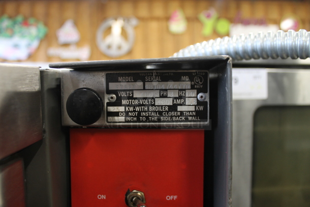 2 Vulcan ET88B Stainless Steel Commercial Electric Powered Full Size Convection Ovens w/ View Through Doors, Metal Oven Racks and Thermostatic Controls. 480 Volts, 3 Phase. 2 Times Your Bid!  - Image 6 of 7