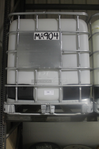 White Poly Tank in Metal Cage. BUYER MUST REMOVE.