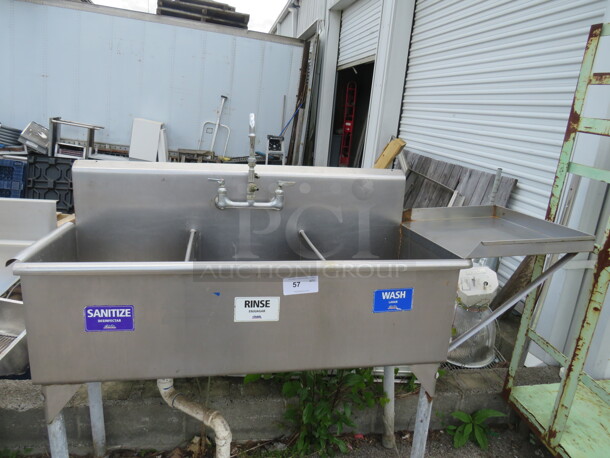 One Stainless Steel 3 Compartment Sink With Faucet And R Side Drain Board. 68X21X48 - Image 1 of 2