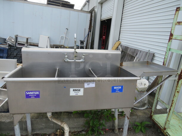 One Stainless Steel 3 Compartment Sink With Faucet And R Side Drain Board. 68X21X48