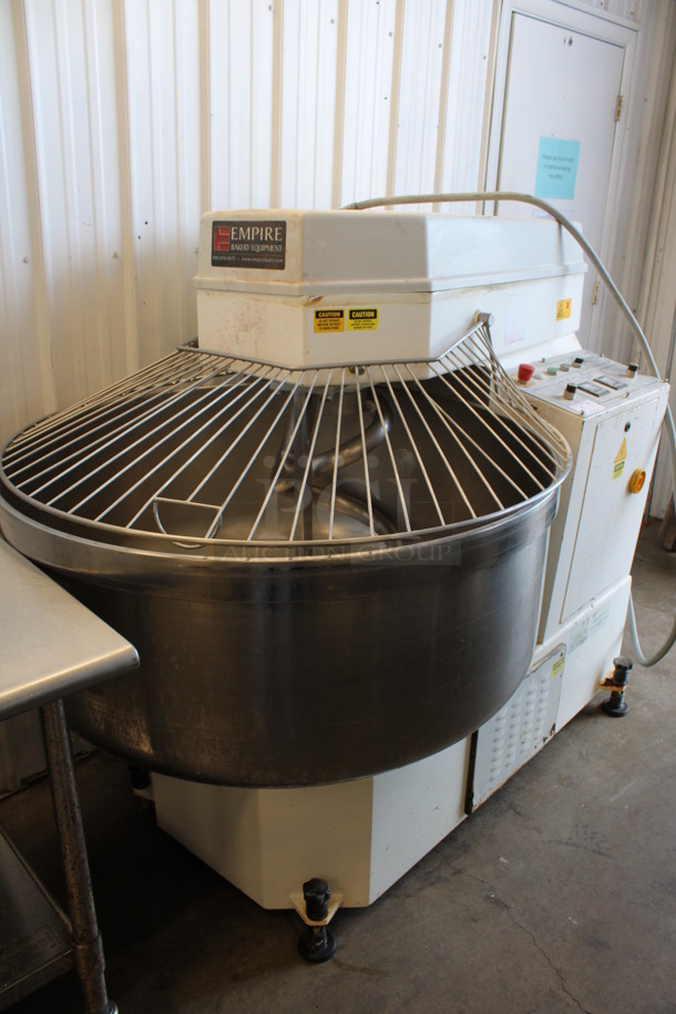 2013 Empire Model FB-300-D Metal Commercial Floor Style Spiral Dough Mixer w/ Stainless Steel Mixing Bowl, Dough Hook and Bowl Guard. 208 Volts, 3 Phase. 47x69x59