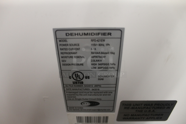 BRAND NEW SCRATCH AND DENT! Whynter RPD-421EW Whynter 40-Pint Portable Dehumidifier. 115V, 1 Phase. Tested And Working!  - Image 5 of 5