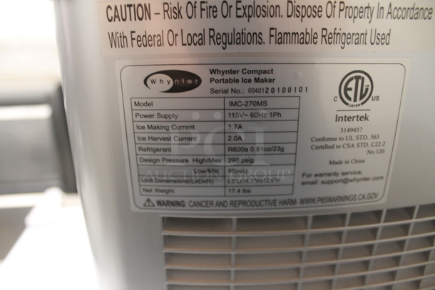 BRAND NEW SCRATCH AND DENT! Whynter IMC-270MS Stainless Steel Compact Portable Ice Maker With Scooper. 115V, 1 Phase. Tested And Working!  - Image 5 of 5